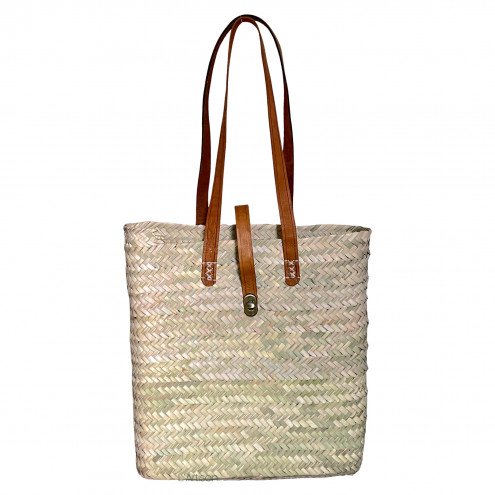 moroccan palm leaf bag, handcrafted from palm leaves with vintage leather handles.