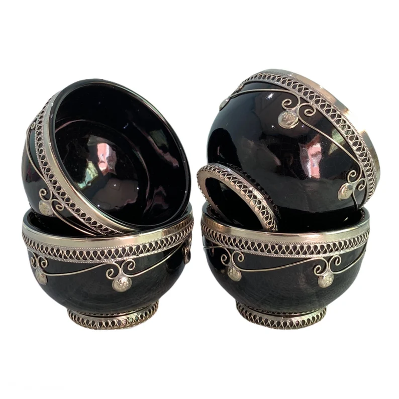 handcrafted Black Moroccan ceramic bowls with intricate designs.